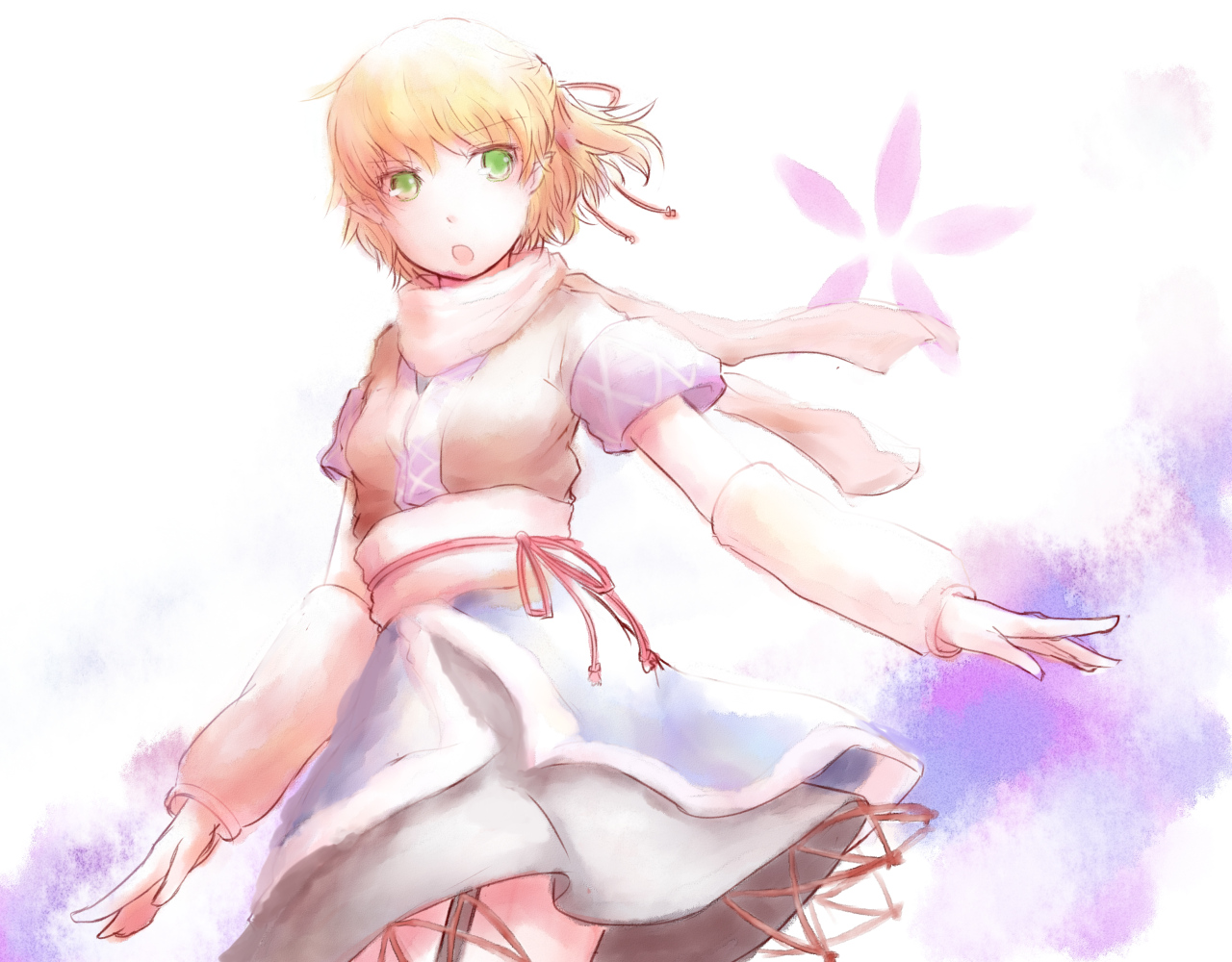 blonde_hair, green_eyes, kokotetsu, mizuhashi_parsee, pointed_ears, scarf, short_hair, skirt