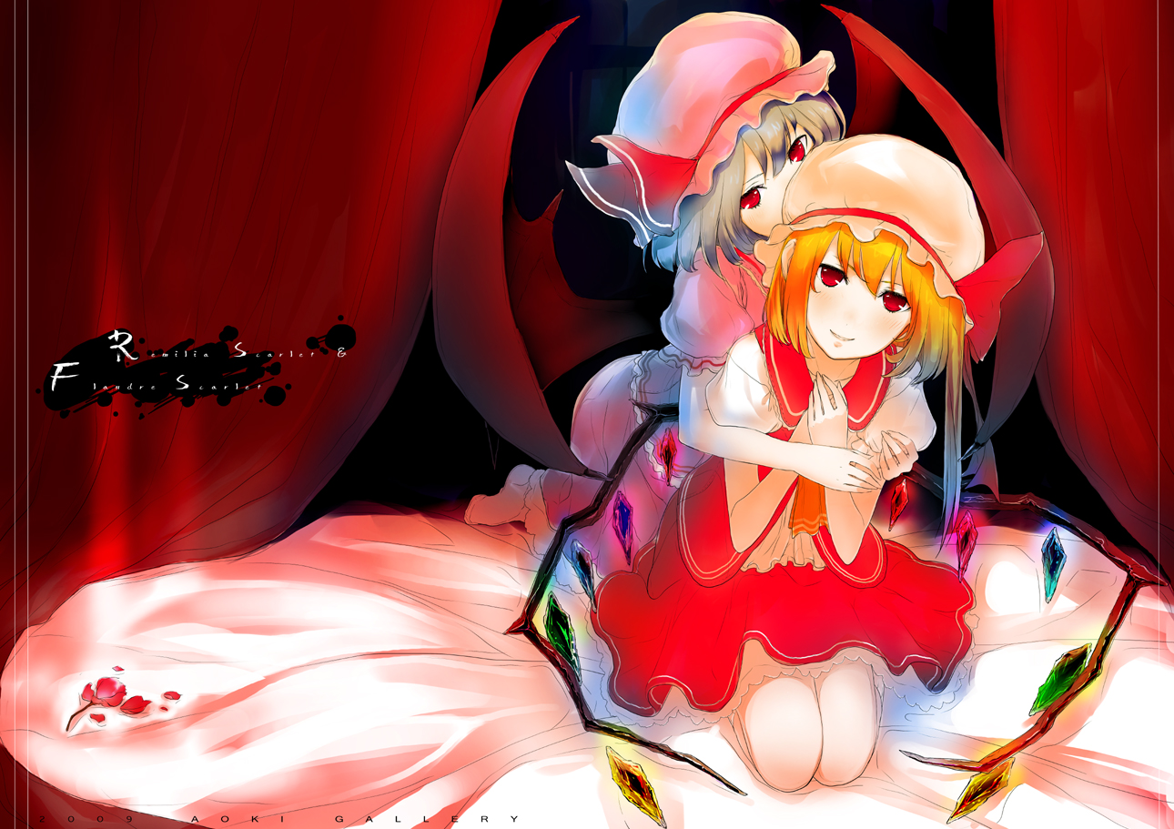2girls, aoki_shin, blonde_hair, flandre_scarlet, gray_hair, hat, hug, ponytail