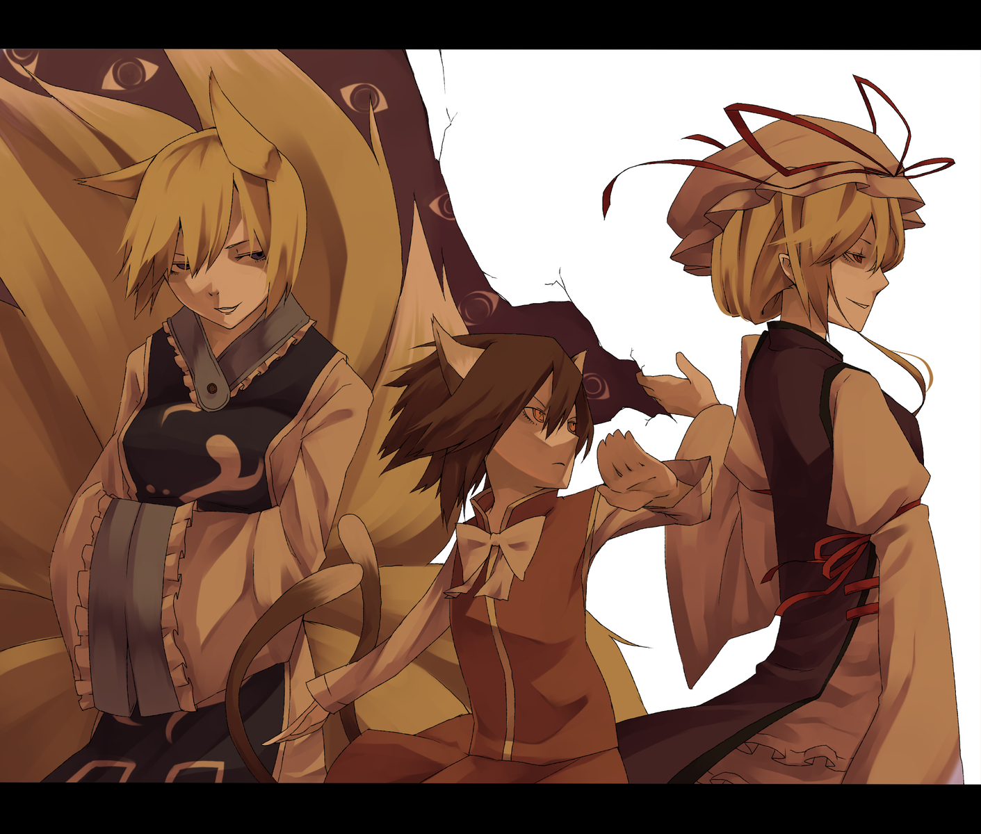 animal_ears, blonde_hair, brown_hair, catgirl, chen, foxgirl, haruba_negi, hat