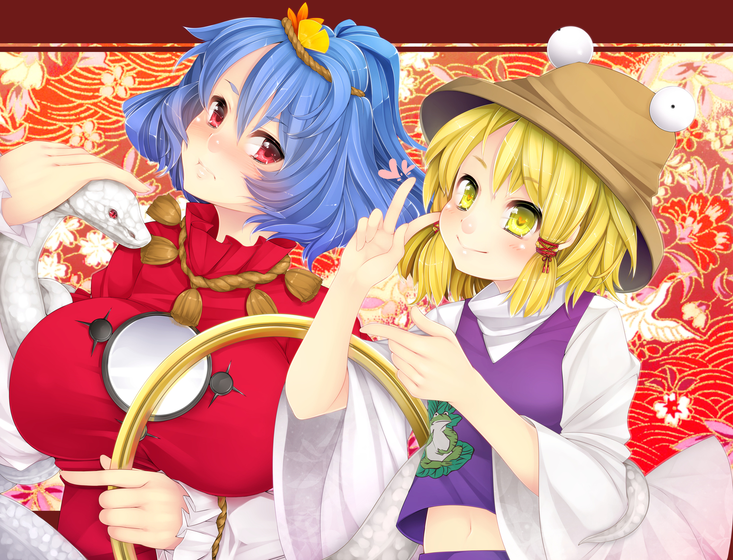 blonde_hair, blue_hair, dress, moriya_suwako, red_eyes, serizawa_mutsuki, touhou, yasaka_kanako