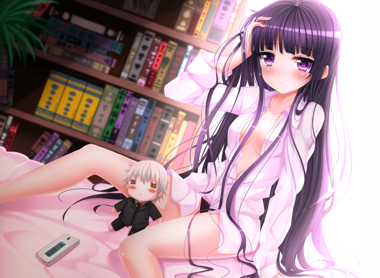 book, breasts, cleavage, doll, inu_x_boku_ss, long_hair, miketsukami_soushi, no_bra, open_shirt, panties, phone, purple_eyes, shirakiin_ririchiyo, swordsouls, underwear