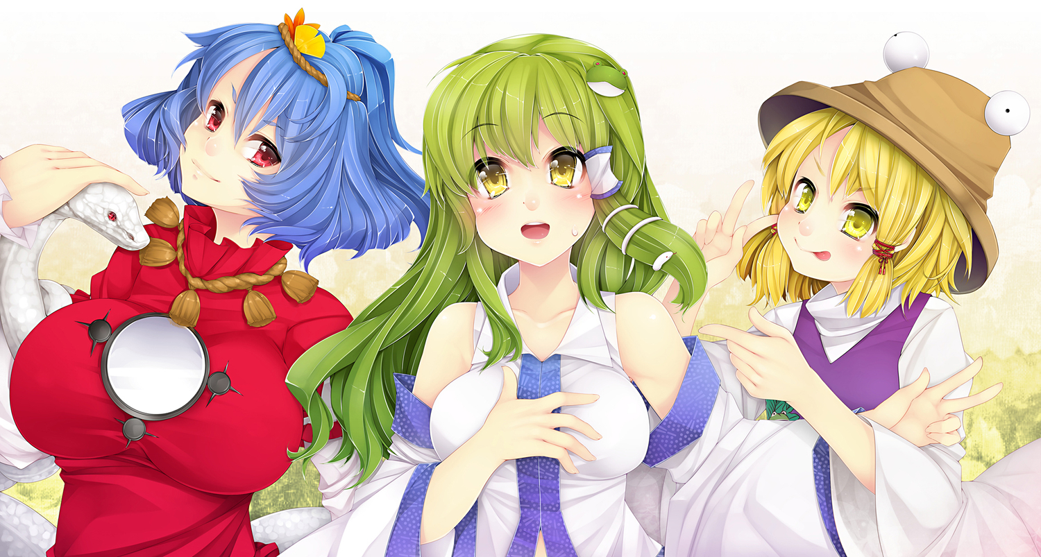 animal, japanese_clothes, kochiya_sanae, miko, moriya_suwako, rope, serizawa_mutsuki, snake