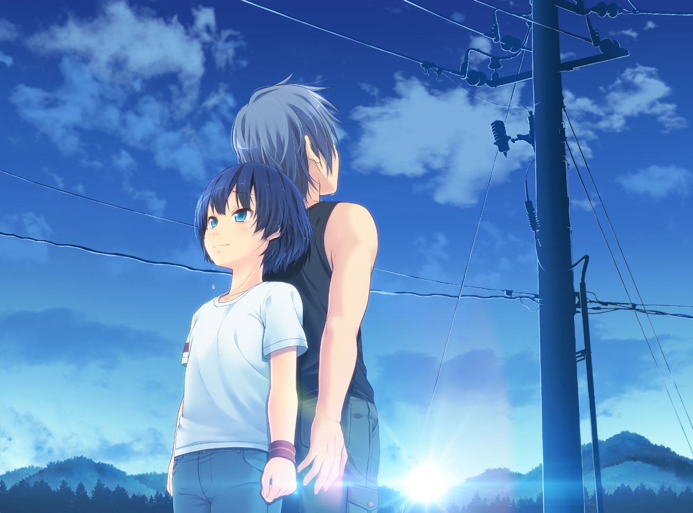 amamiya_minato, ano_natsu_de_matteru, clouds, ishigaki_tetsurou, male, sky, sunset, tanigawa_kanna
