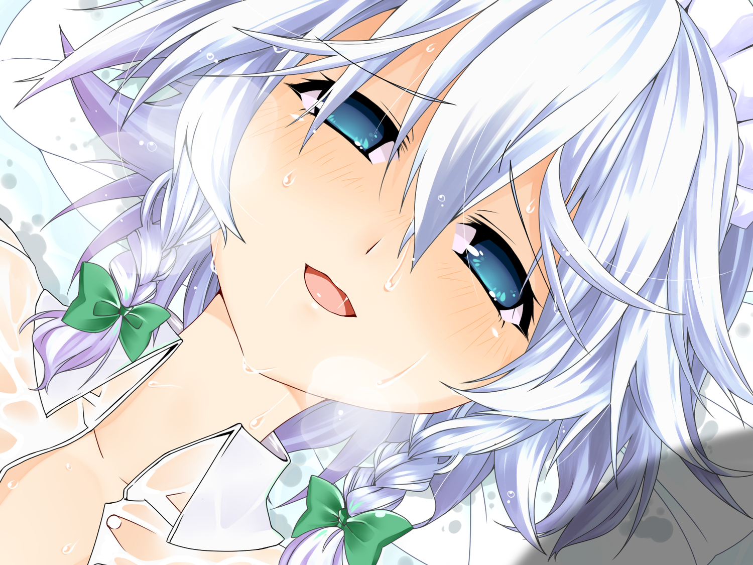 blue_eyes, bow, braids, close, izayoi_sakuya, shijimi-sama, touhou, wet