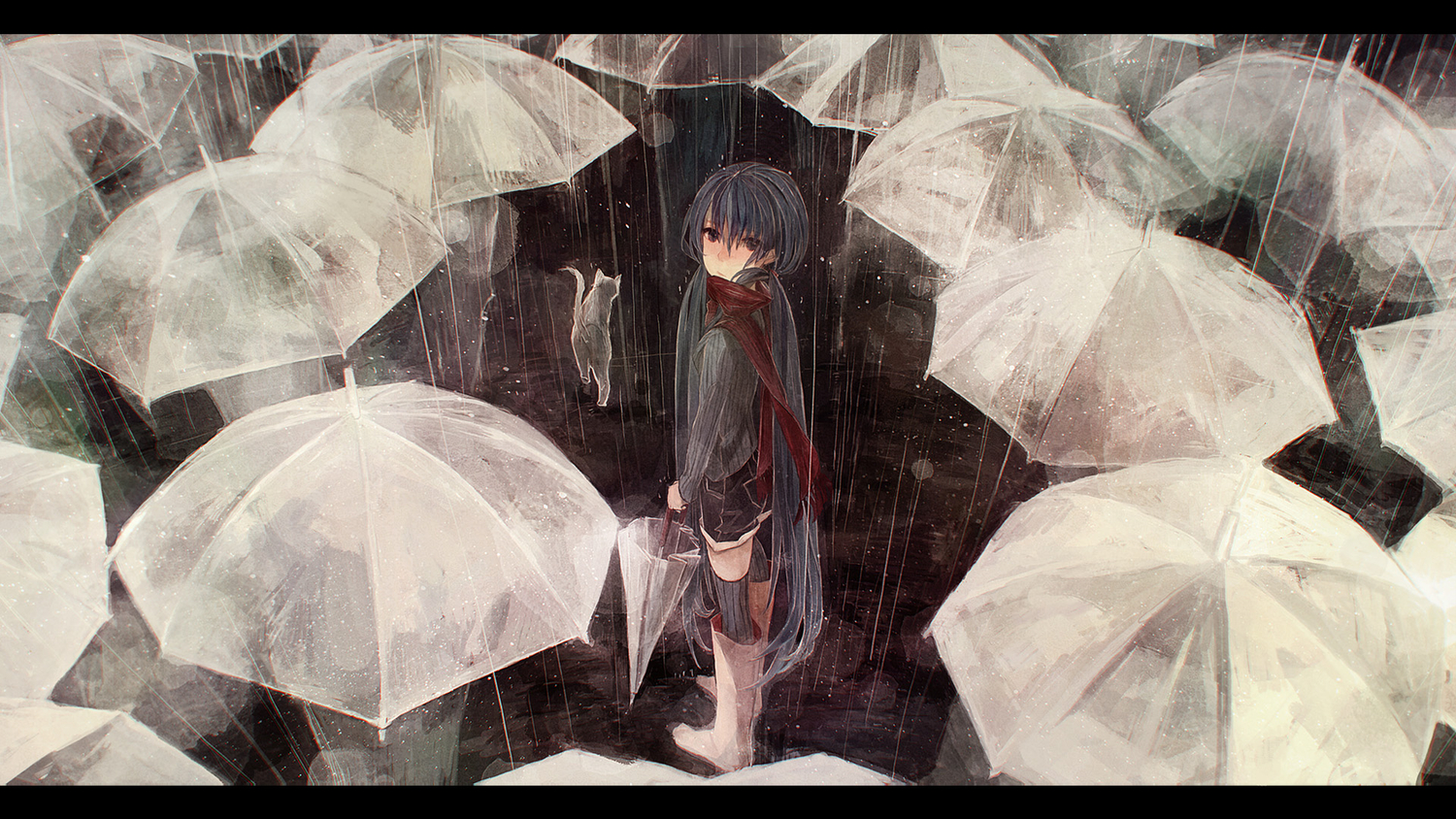 animal, boots, cat, gabaisuito-n, hatsune_miku, long_hair, rain, scarf, shorts, thighhighs, twintails, umbrella, vocaloid, water