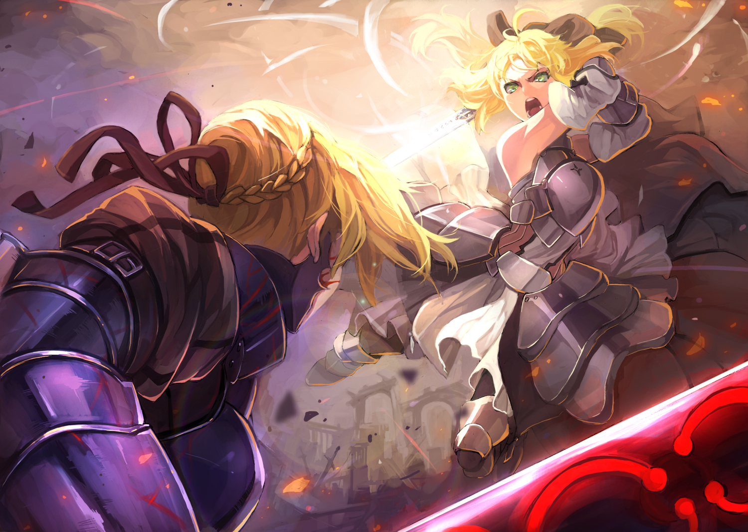 armor, artoria_pendragon_(all), blonde_hair, fate_(series), fate/unlimited_codes, green_eyes, saber, sword, tagme, weapon, zhuxiao517