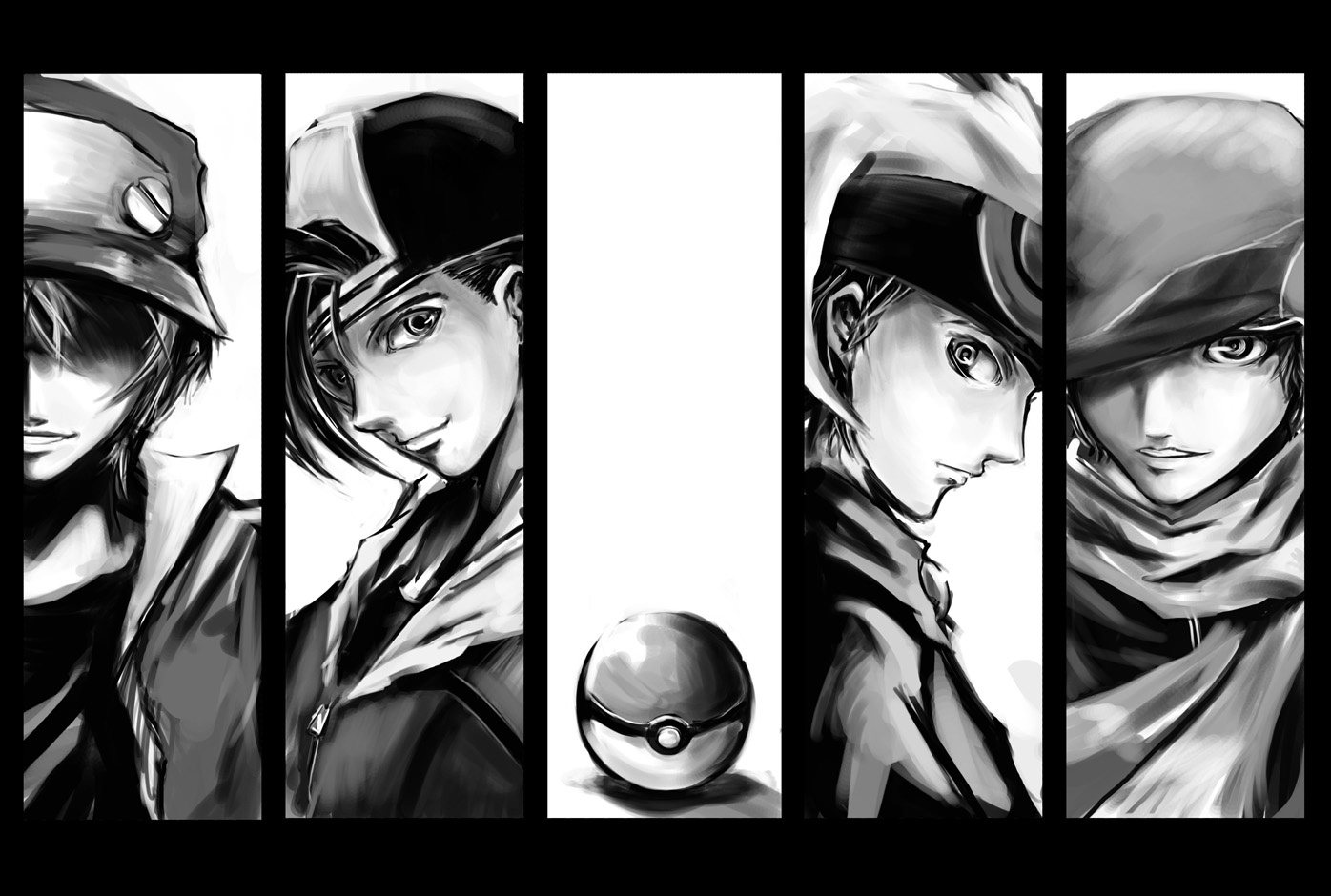 hat, hibiki, kouki_(pokemon), monochrome, pokemon, red_(pokemon), scarf, shadow_cat, yuuki_(pokemon)