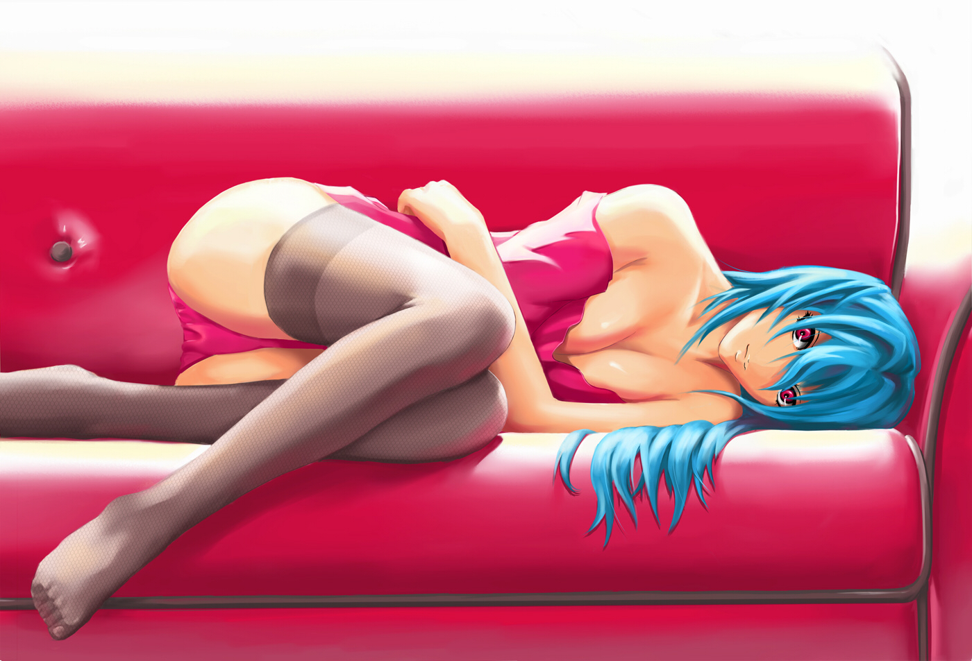 blue_hair, breasts, cleavage, original, pink_eyes, shadow_cat, stockings, thighhighs