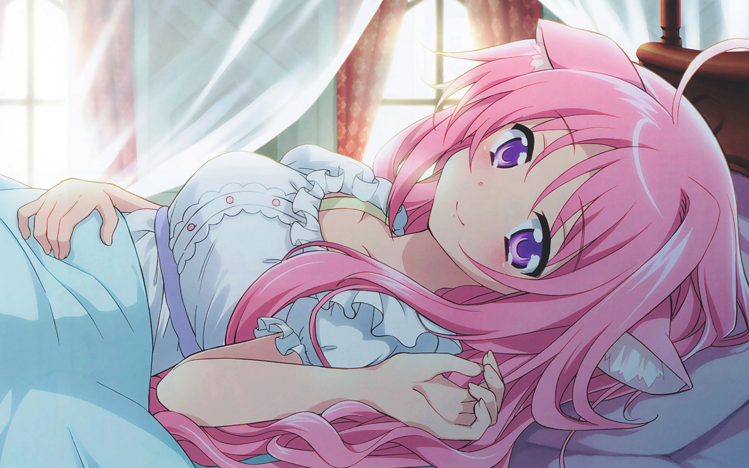 animal_ears, dog_days, millhiore_f_biscotti, pink_hair, purple_eyes