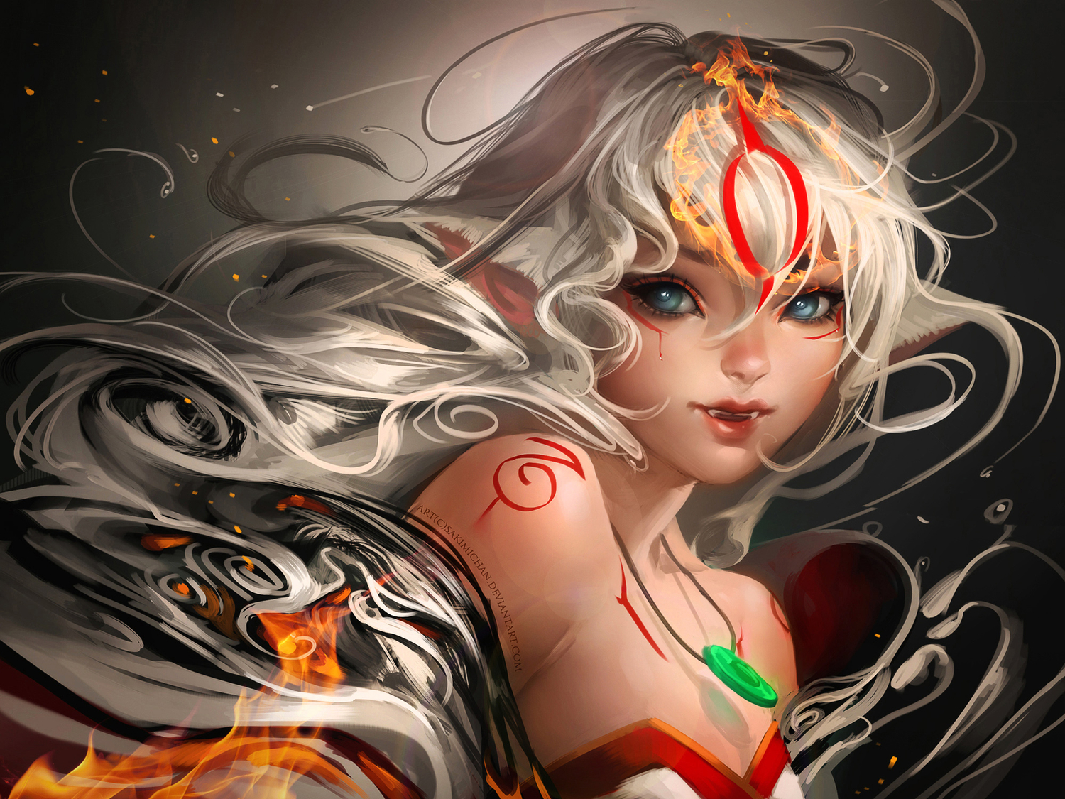 amaterasu, animal_ears, blue_eyes, dark_skin, fang, necklace, okami, sakimichan, watermark, white_hair