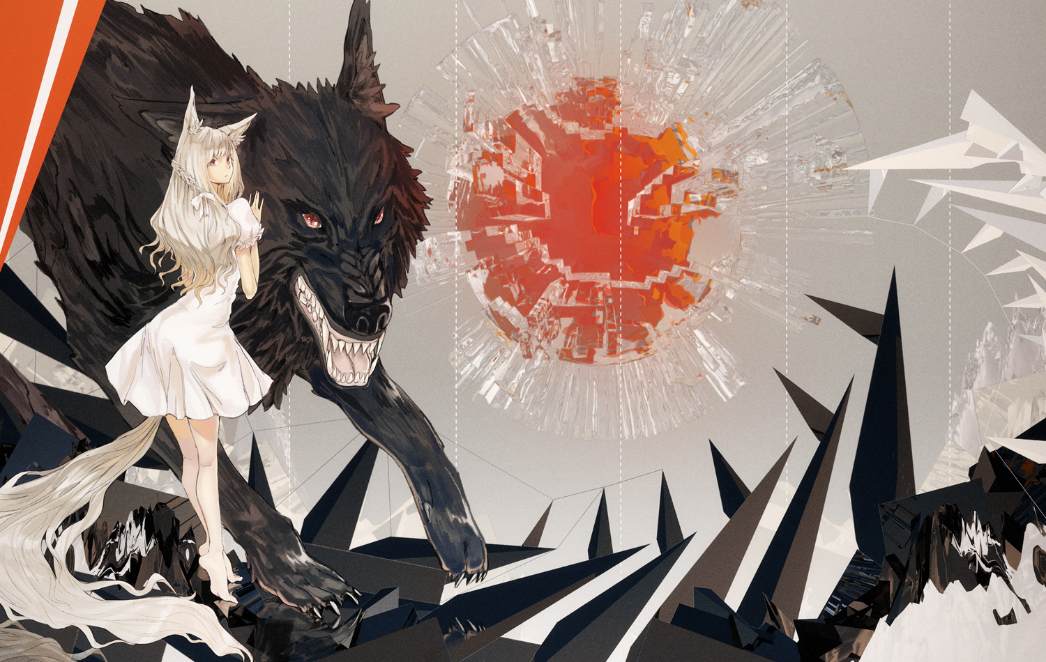 animal, animal_ears, barefoot, blonde_hair, dress, ochakai_shinya, original, red_eyes, tail, wolf