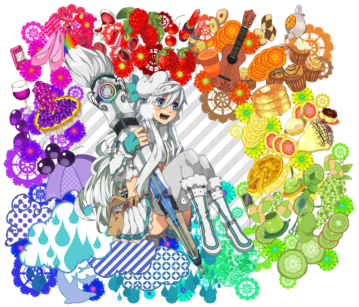 apple, blue_eyes, boots, cherry, clouds, flowers, food, fruit