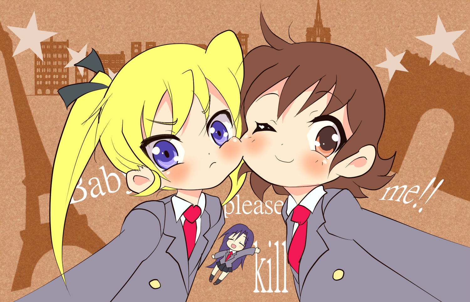 blonde_hair, blue_eyes, blush, brown_eyes, brown_hair, goshiki_agiri, guchurimu_genrishugi, kill_me_baby, oribe_yasuna, parody, sonya, tantei_opera_milky_holmes