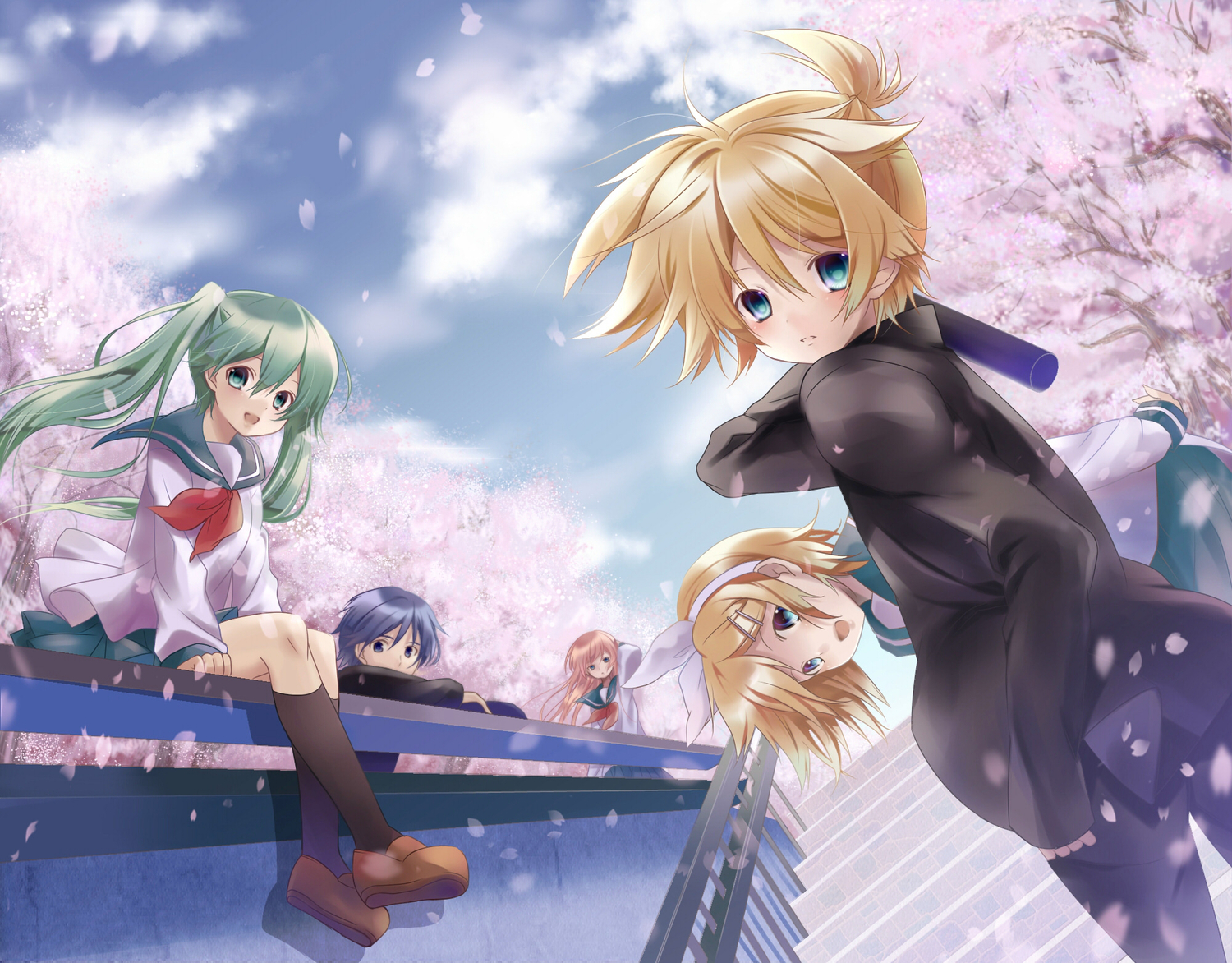 cherry_blossoms, clouds, flowers, group, hatsune_miku, kagamine_len, kagamine_rin, kaito