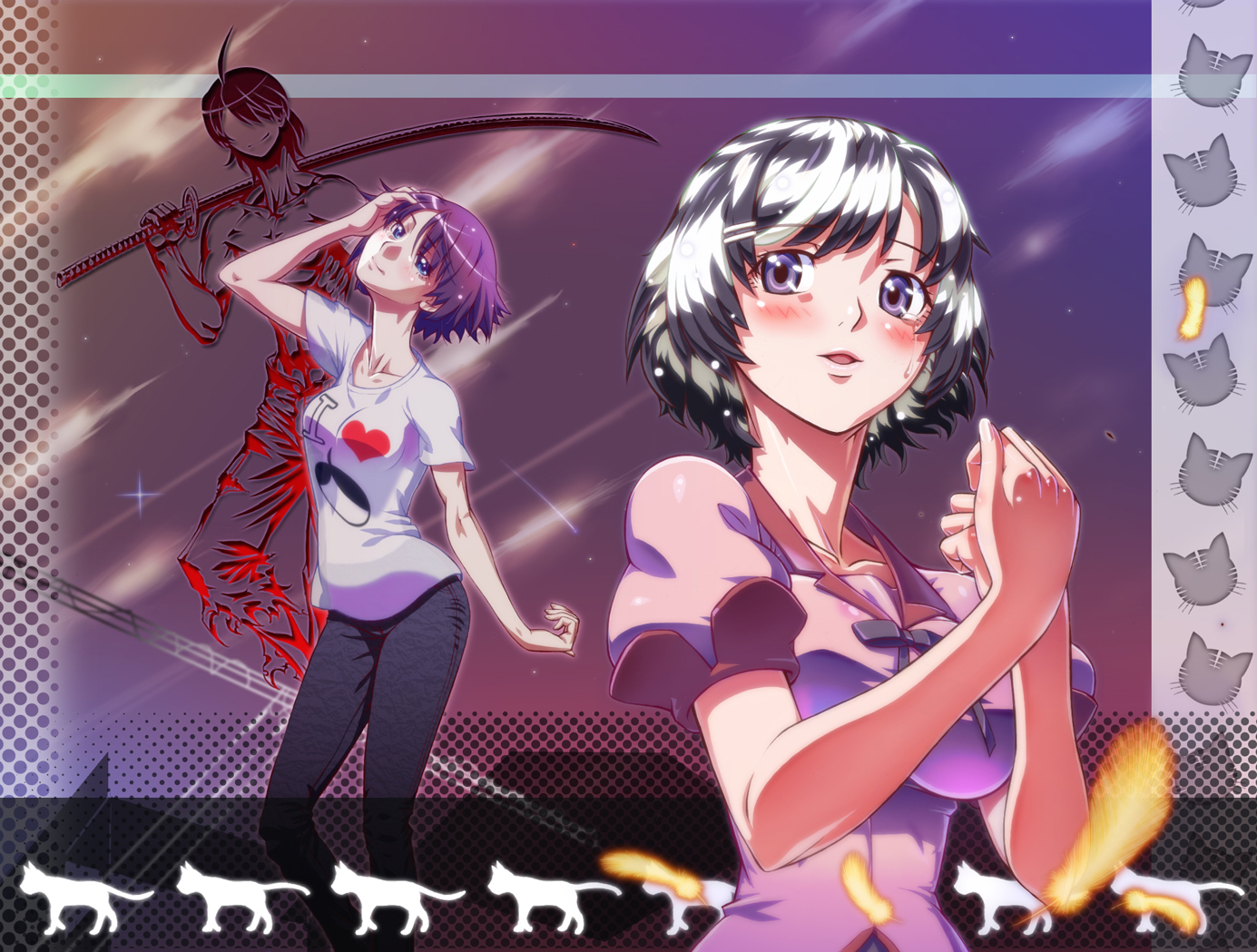 araragi_koyomi, bakemonogatari, black_hair, blue_eyes, blush, dondongarara, hanekawa_tsubasa, male, monogatari_(series), purple_hair, school_uniform, senjougahara_hitagi, short_hair, sword, tears, weapon