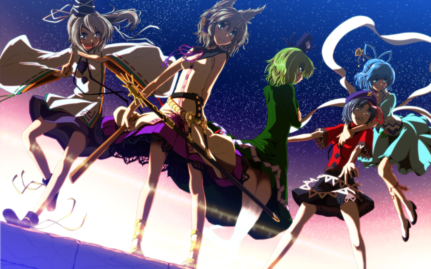 animal_ears, dress, japanese_clothes, kaku_seiga, miyako_yoshika, mononobe_no_futo, mueojisan, soga_no_tojiko, sword, touhou, toyosatomimi_no_miko, weapon