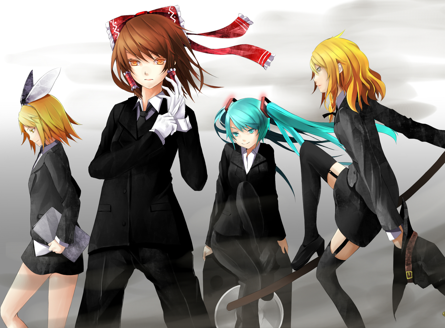 bow, crossover, gloves, hakurei_reimu, hat, hatsune_miku, kagamine_rin, kirisame_marisa