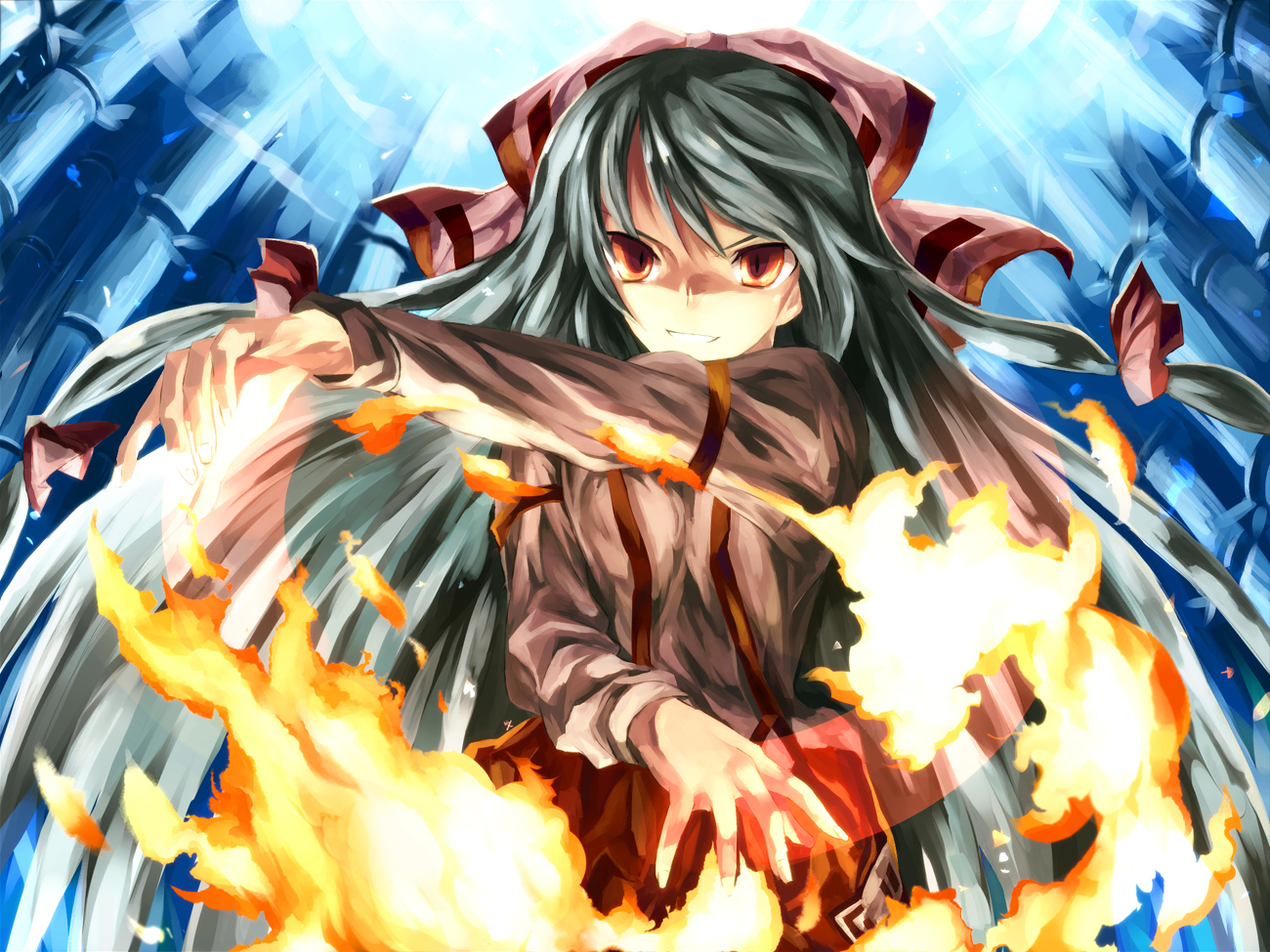 bow, fire, fujiwara_no_mokou, gray_hair, kuro_kichi, long_hair, red_eyes, touhou