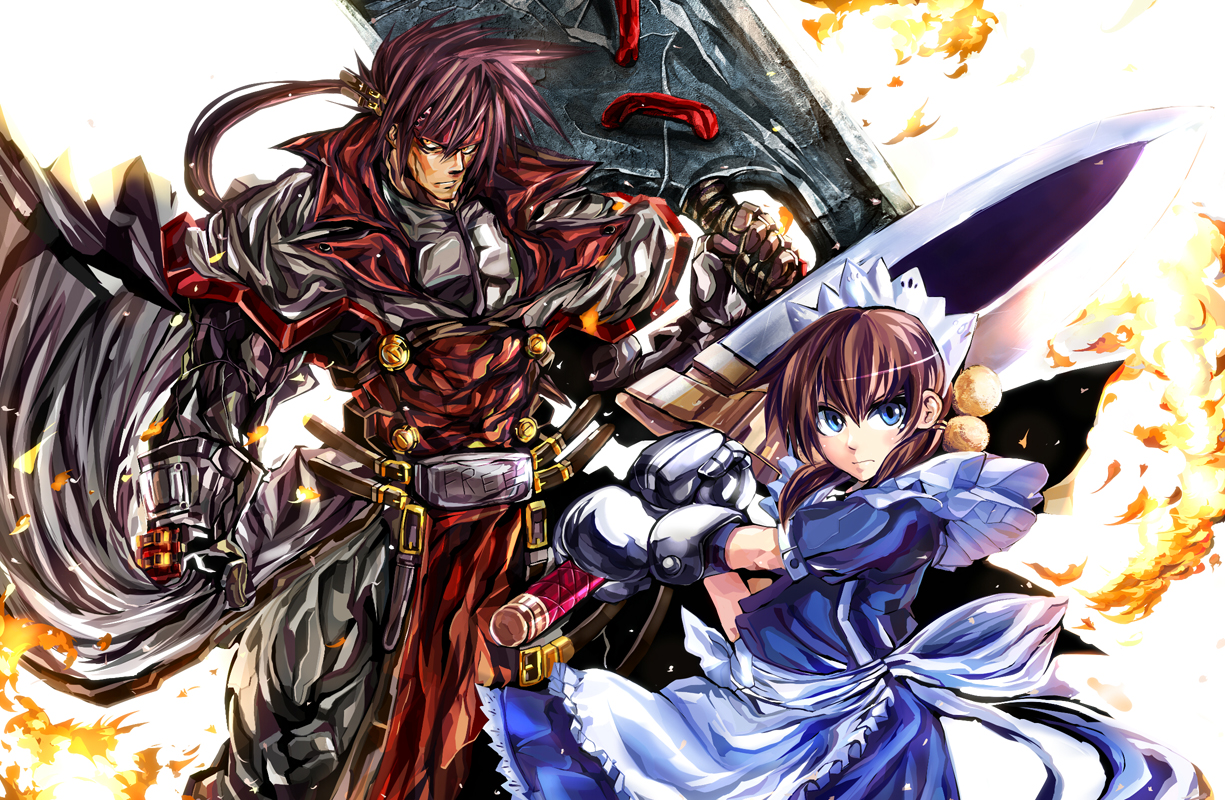 arcana_heart, blue_eyes, brown_hair, crossover, fiona_mayfield, guilty_gear, kuro_kichi, maid, order_sol, red_eyes, sol_badguy, sword, weapon