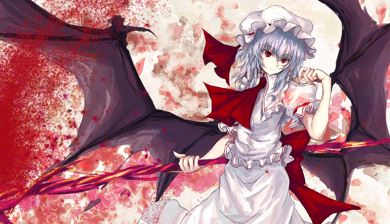asagi_shii, blood, blue_hair, bow, dress, hat, red_eyes, remilia_scarlet