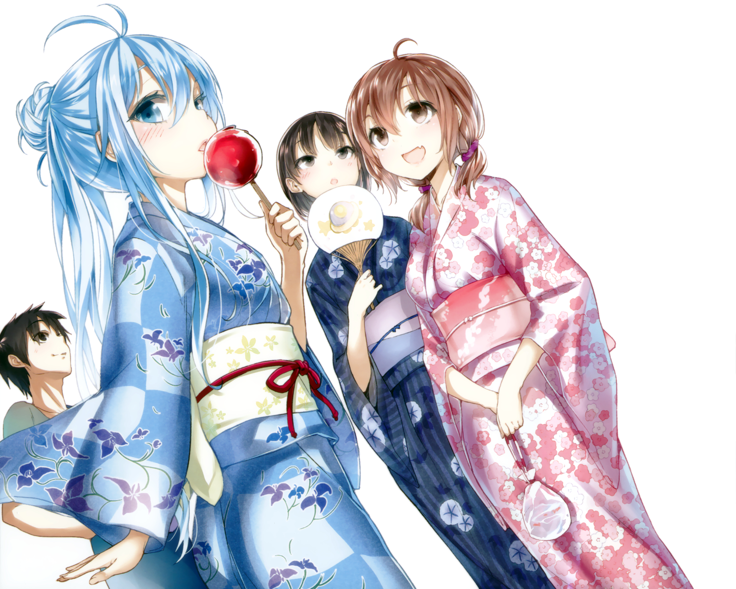 bow, buriki, denpa_onna_to_seishun_otoko, food, japanese_clothes, maekawa, mifune_ryuuko, niwa_makoto, touwa_erio, white, yukata