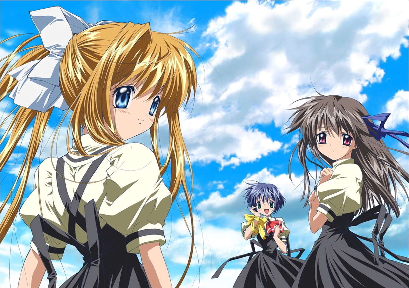air, kamio_misuzu, key, kirishima_kano, ribbons, sky, tohno_minagi