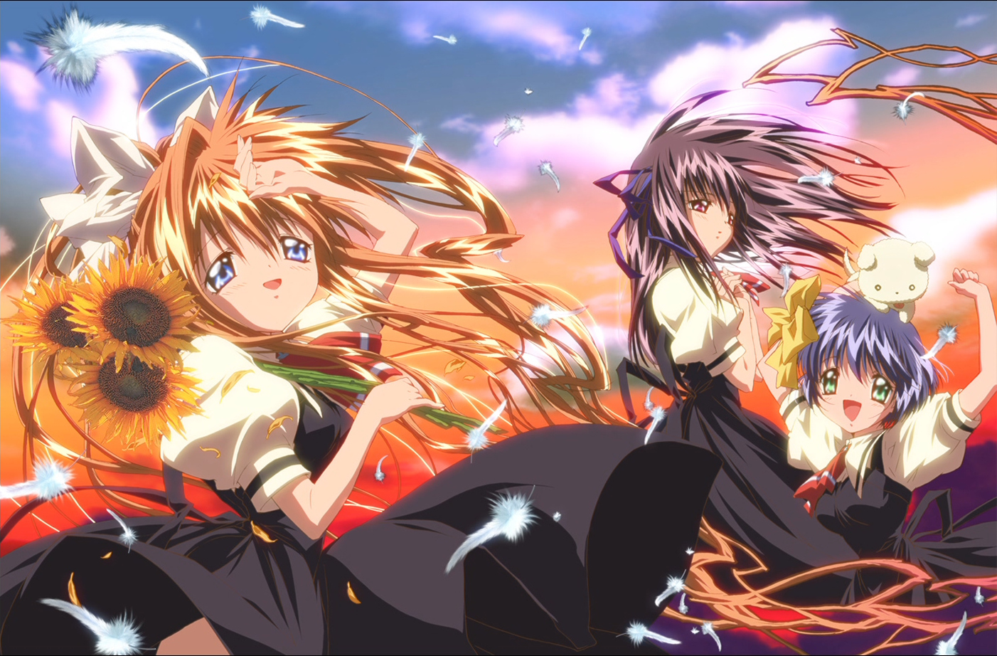 air, feathers, flowers, kamio_misuzu, key, kirishima_kano, potato, ribbons