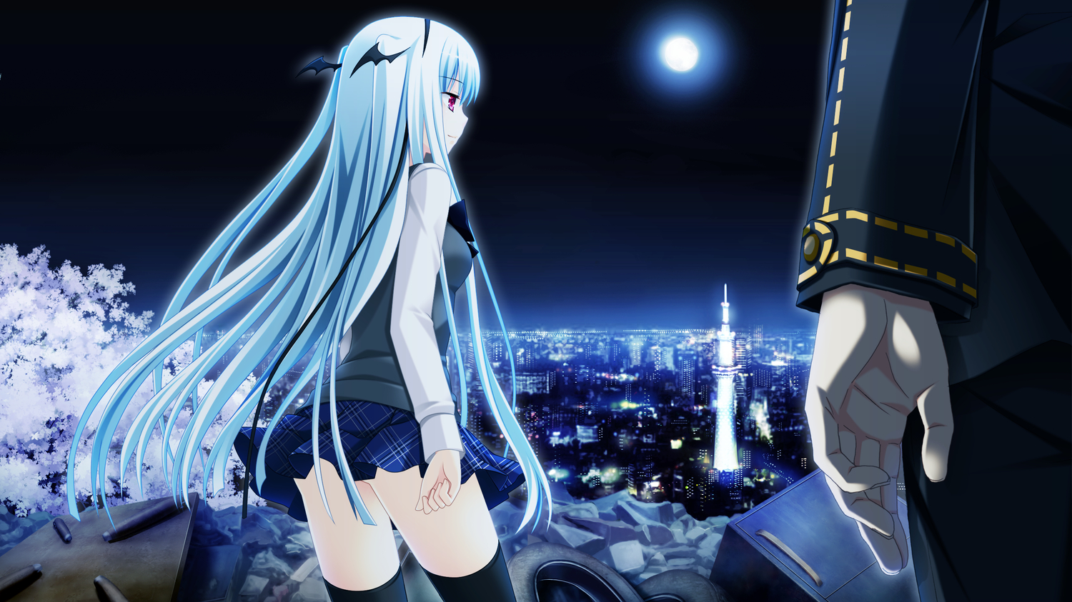 building, city, game_cg, long_hair, makita_maki, moon, night, school_uniform