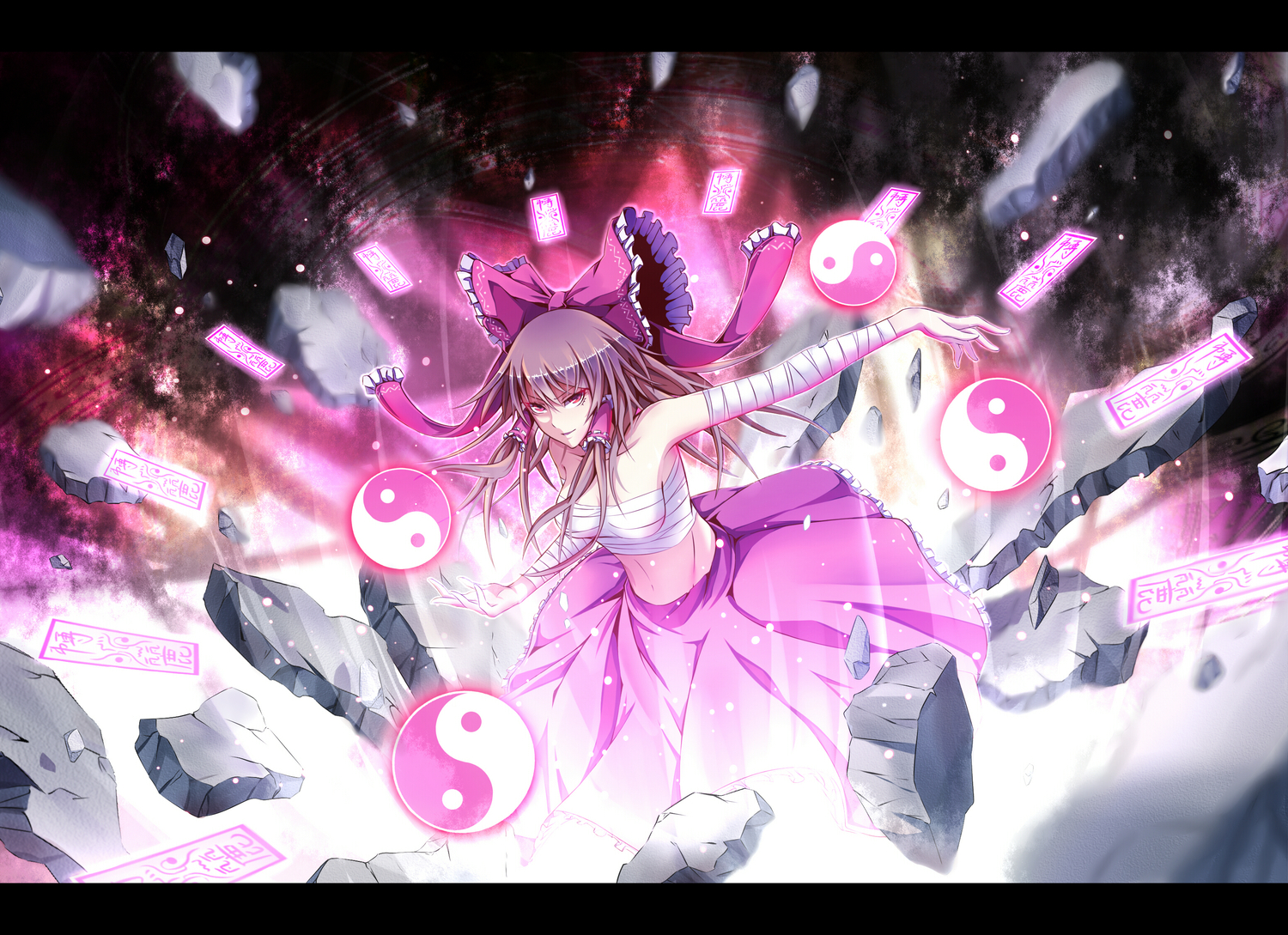 bow, hakurei_reimu, japanese_clothes, magic, miko, ofuda, paparins, sarashi