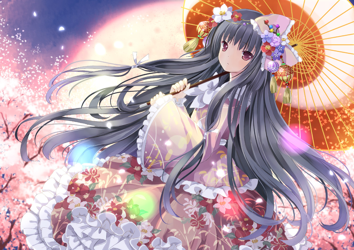 black_hair, bow, cherry_blossoms, flowers, houraisan_kaguya, japanese_clothes, long_hair, red_eyes, touhou, tree, umbrella, wataame27