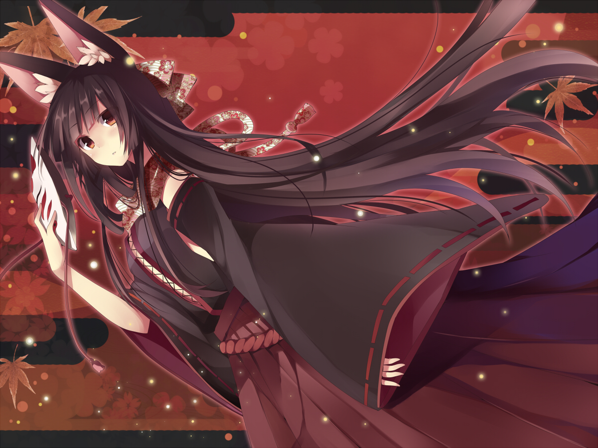 animal_ears, autumn, black_hair, japanese_clothes, leaves, long_hair, mask, mishima_kurone