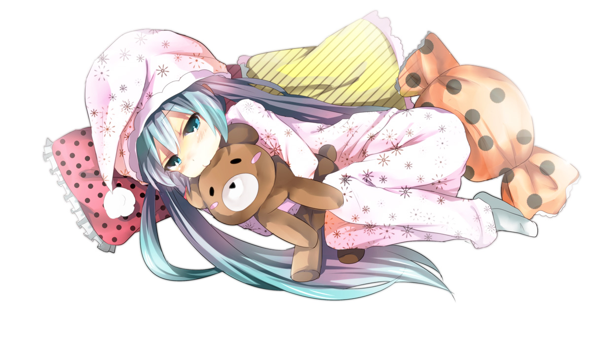 hatsune_miku, nekoame, pajamas, teddy_bear, vocaloid