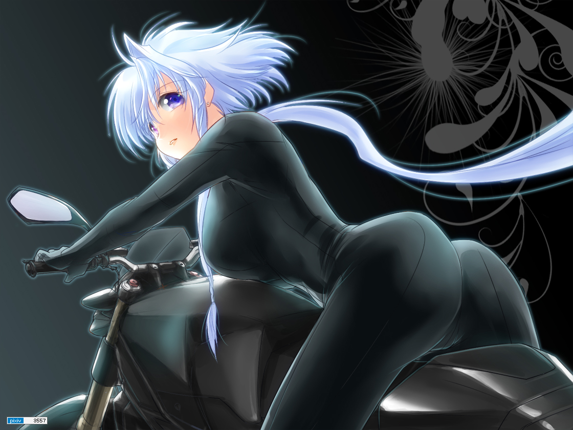 ass, bicolored_eyes, blue_hair, bodysuit, motorcycle, skintight, yagisaka_seto