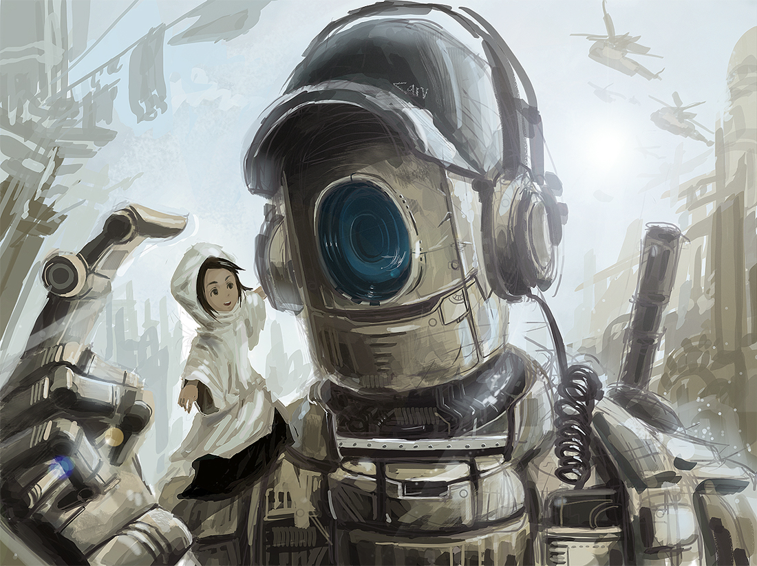aircraft, brown_hair, carv, hat, headphones, original, robot, signed