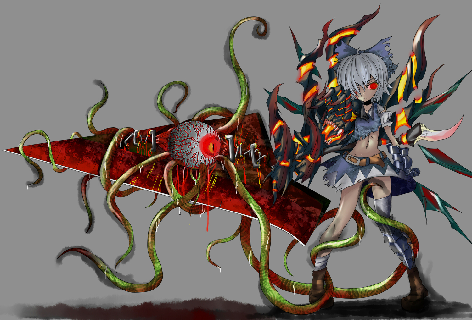 bow, cirno, gray, gray_hair, red_eyes, skirt, soul_edge, tentacles, torn_clothes, touhou, weapon
