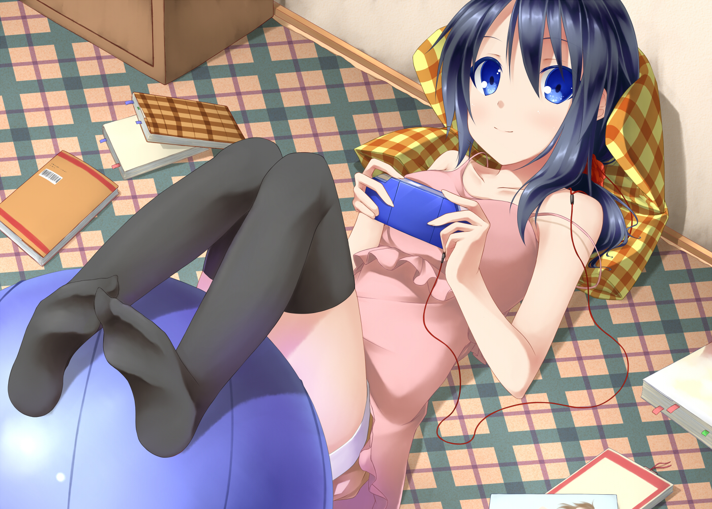 black_hair, blue_eyes, book, game_console, original, ponytail, sakura_yuuya, thighhighs