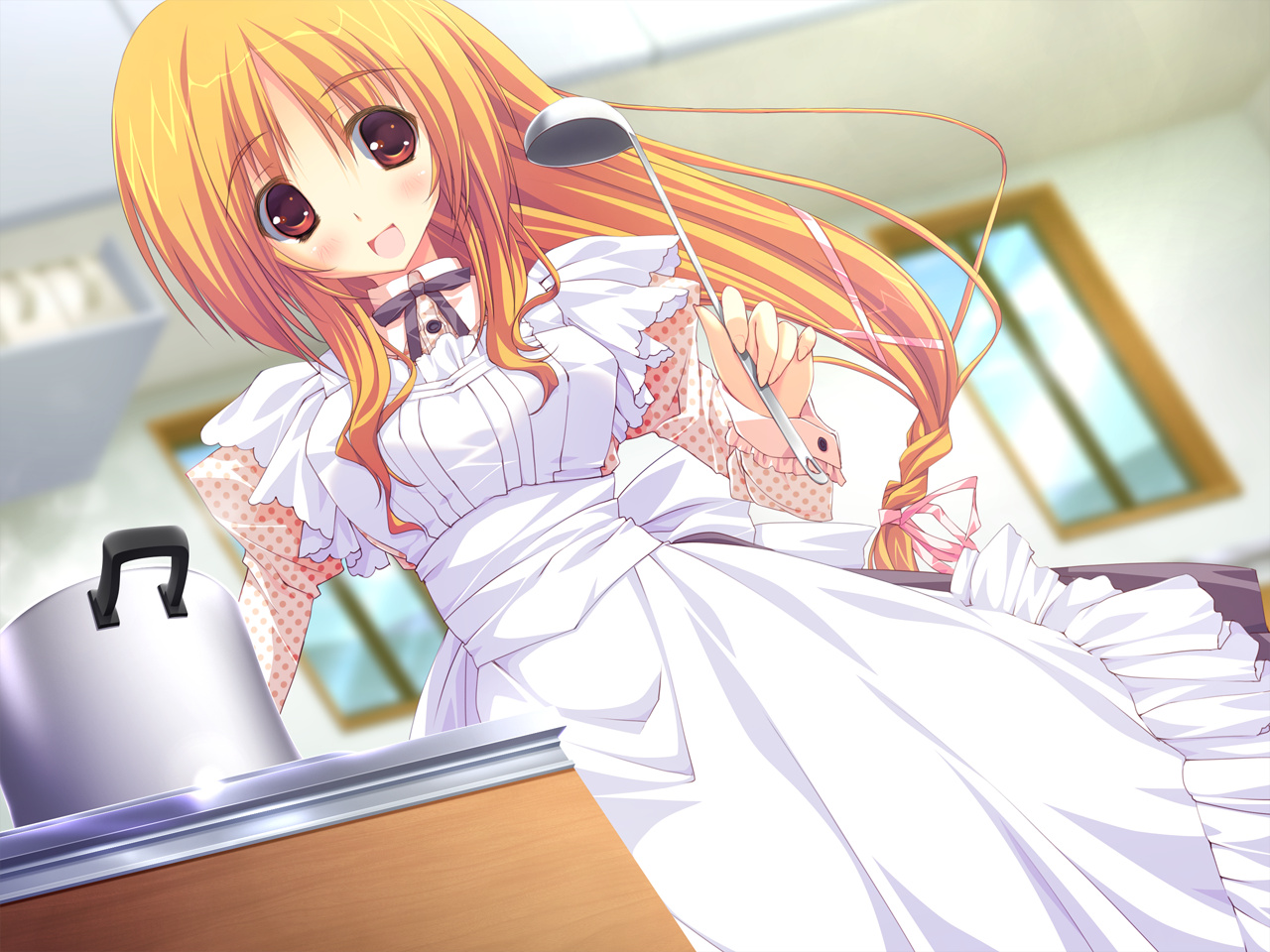 apron, feng, game_cg, hoshizora_e_kakaru_hashi, long_hair, orange_eyes, orange_hair, toudou_tsumugi