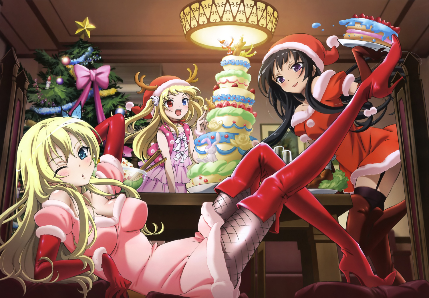 bicolored_eyes, black_hair, blonde_hair, blue_eyes, blush, boku_wa_tomodachi_ga_sukunai, bow, cake, christmas, dress, elbow_gloves, food, fruit, gloves, hasegawa_kobato, hat, ishii_kumi, kashiwazaki_sena, loli, long_hair, mikazuki_yozora, purple_eyes, santa_costume, santa_hat, stockings, strawberry, thighhighs, tree, wink