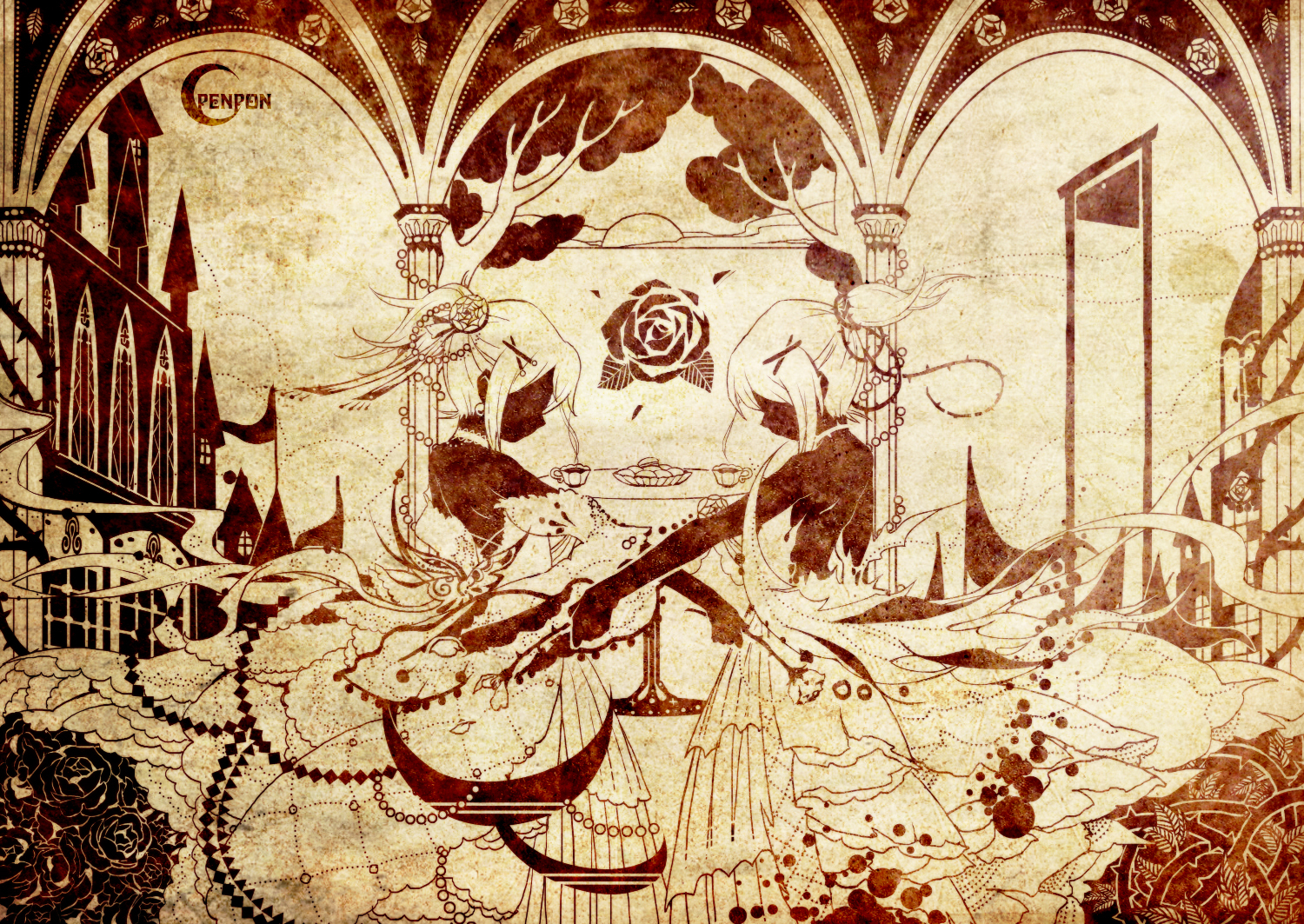 aku_no_meshitsukai_(vocaloid), aku_no_musume_(vocaloid), flowers, kagamine_len, kagamine_rin, male, monochrome, otoko_no_ko