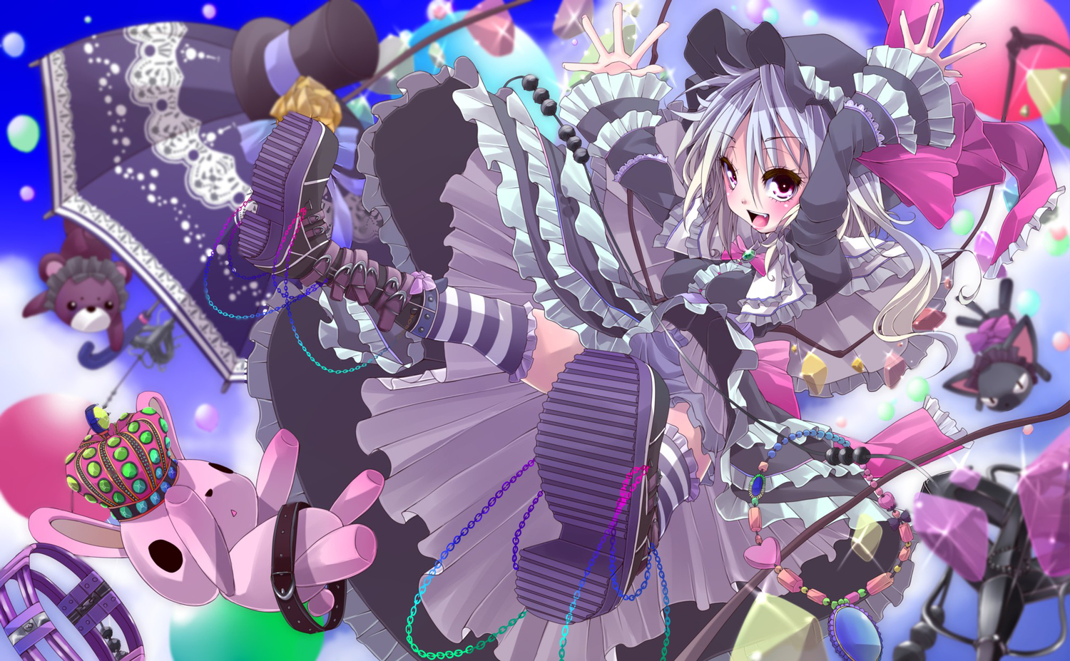 dress, flandre_scarlet, goth-loli, hat, lolita_fashion, shunsuke, sky, teddy_bear