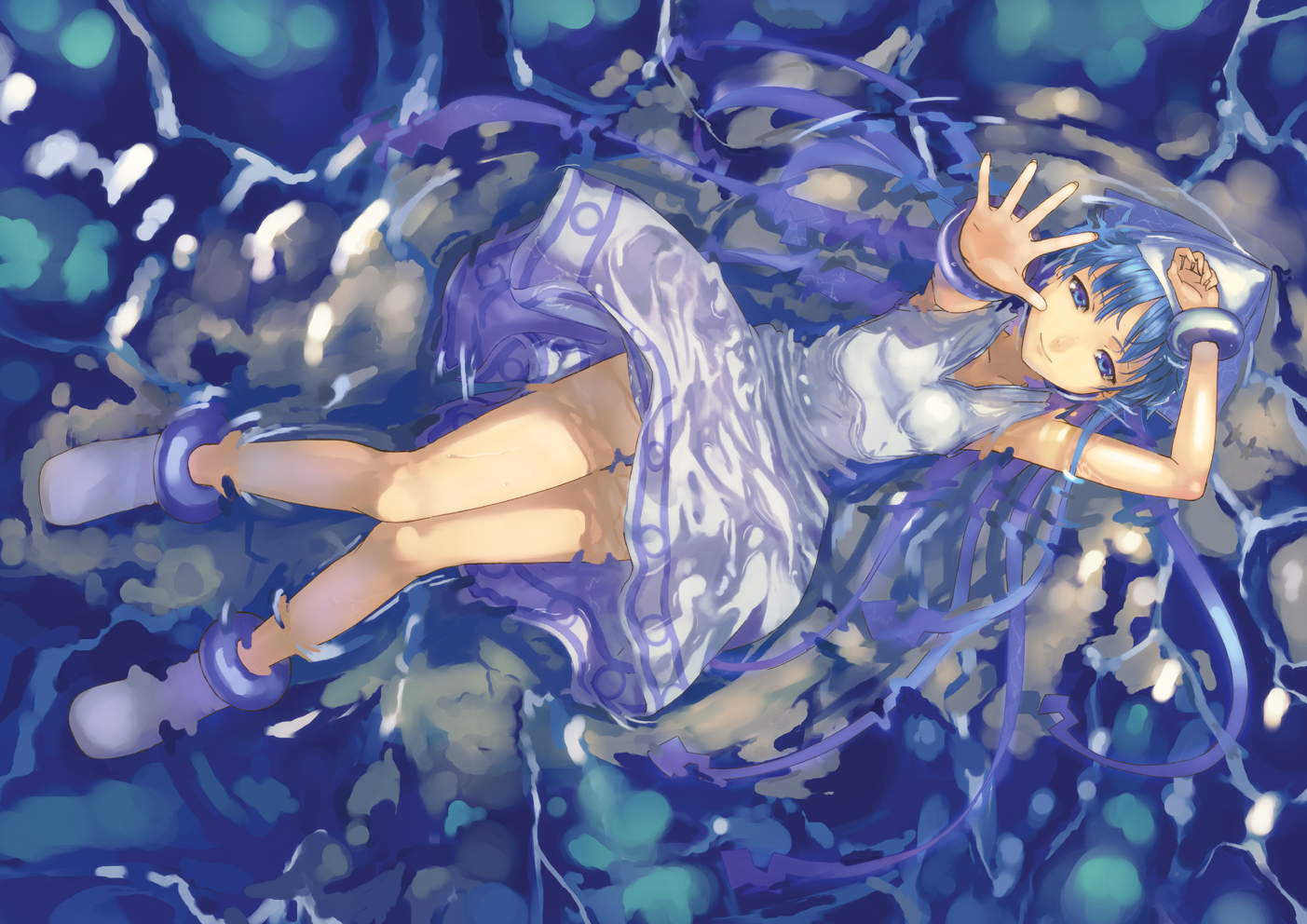 blue_eyes, blue_hair, dress, hat, ikamusume, long_hair, mizore_akihiro, shinryaku!_ikamusume, tentacles, water