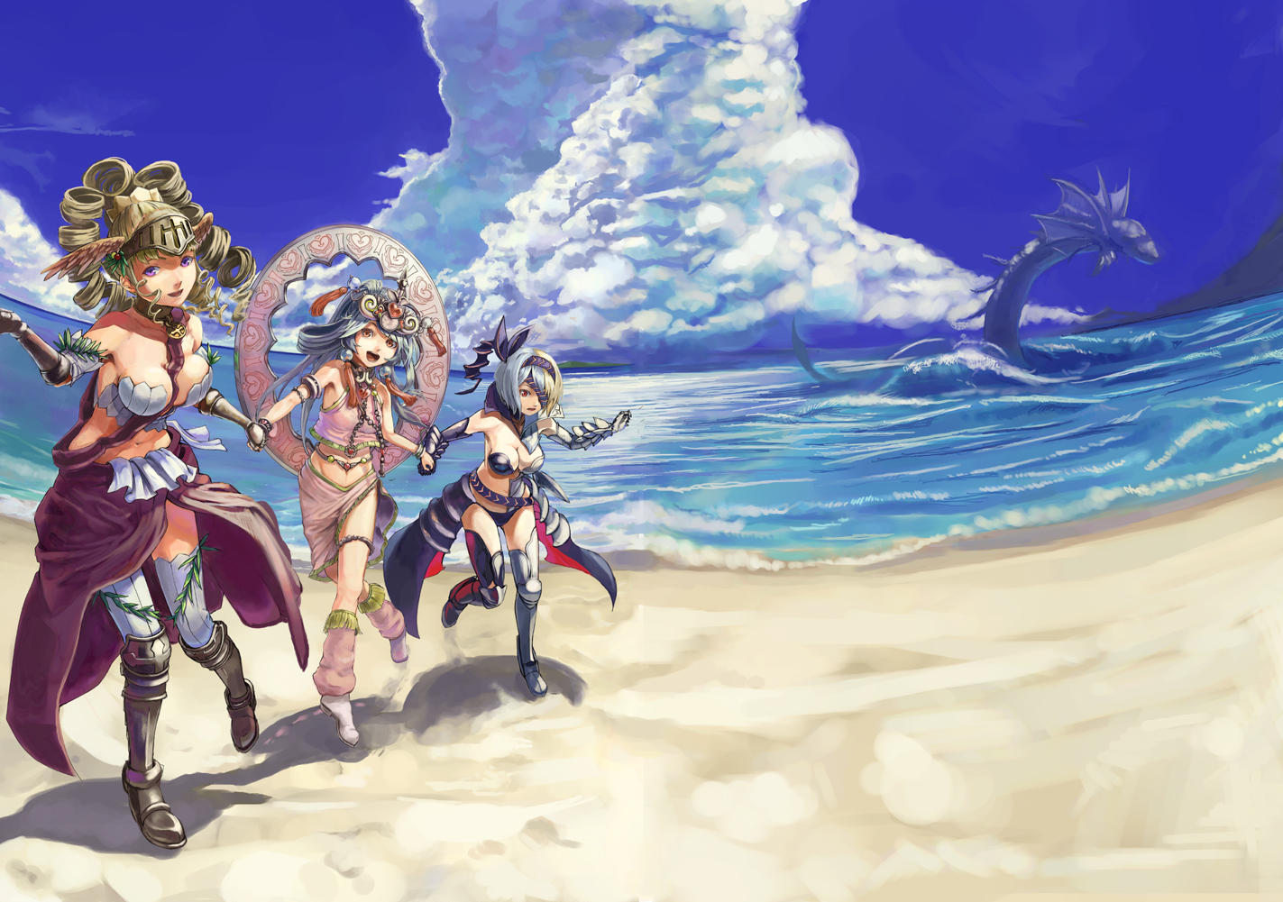 armor, beach, blue_hair, breasts, cleavage, clouds, dragon, eyepatch, green_hair, lord_of_vermilion, love_plus_plus, mizore_akihiro, purple_eyes, red_eyes, sky