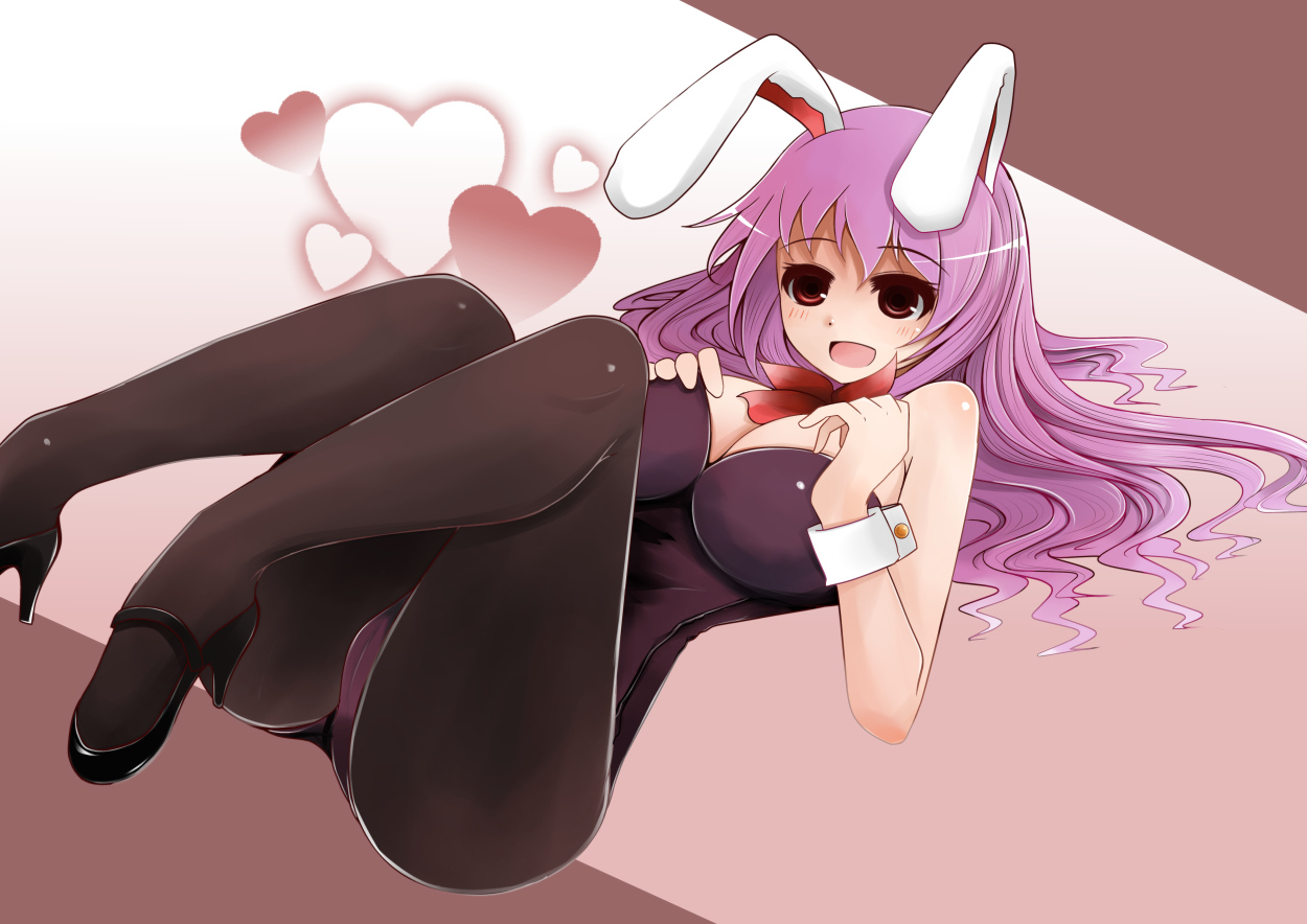 animal_ears, arano_oki, breasts, bunny_ears, bunnygirl, cleavage, leotard, pantyhose, purple_hair, red_eyes, reisen_udongein_inaba, touhou
