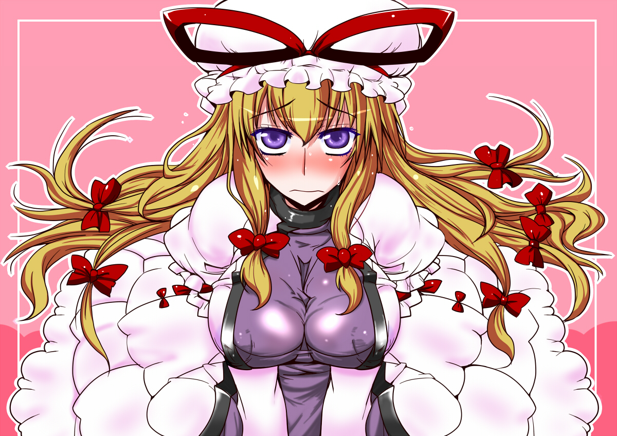 blonde_hair, blush, breasts, dress, hat, purple_eyes, sako_(bosscoffee), touhou, yakumo_yukari
