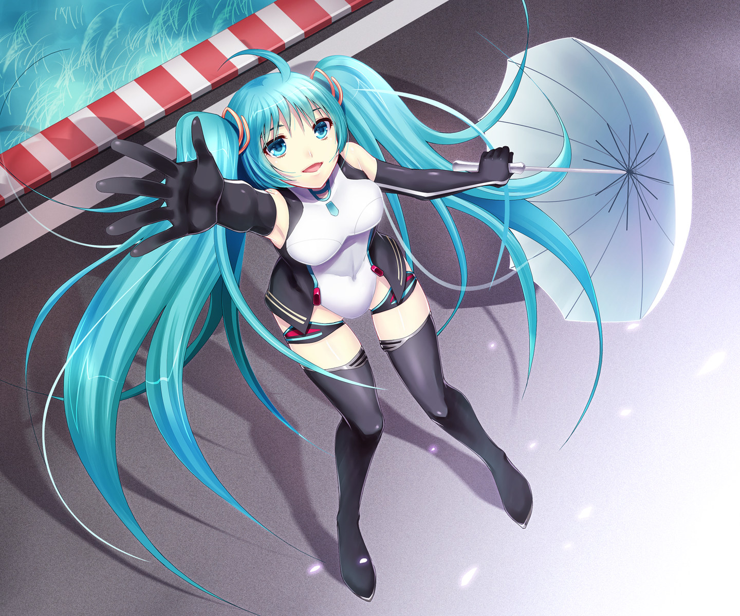 aqua_eyes, aqua_hair, eko, elbow_gloves, gloves, hatsune_miku, long_hair, petals, swimsuit, thighhighs, umbrella, vocaloid