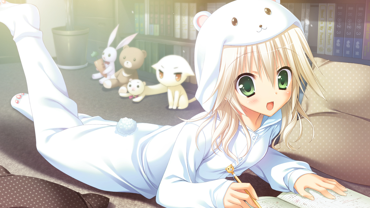 blonde_hair, book, game_cg, hatsuyuki_sakura, hontani_kanae, pajamas, saga_planets, shirokuma