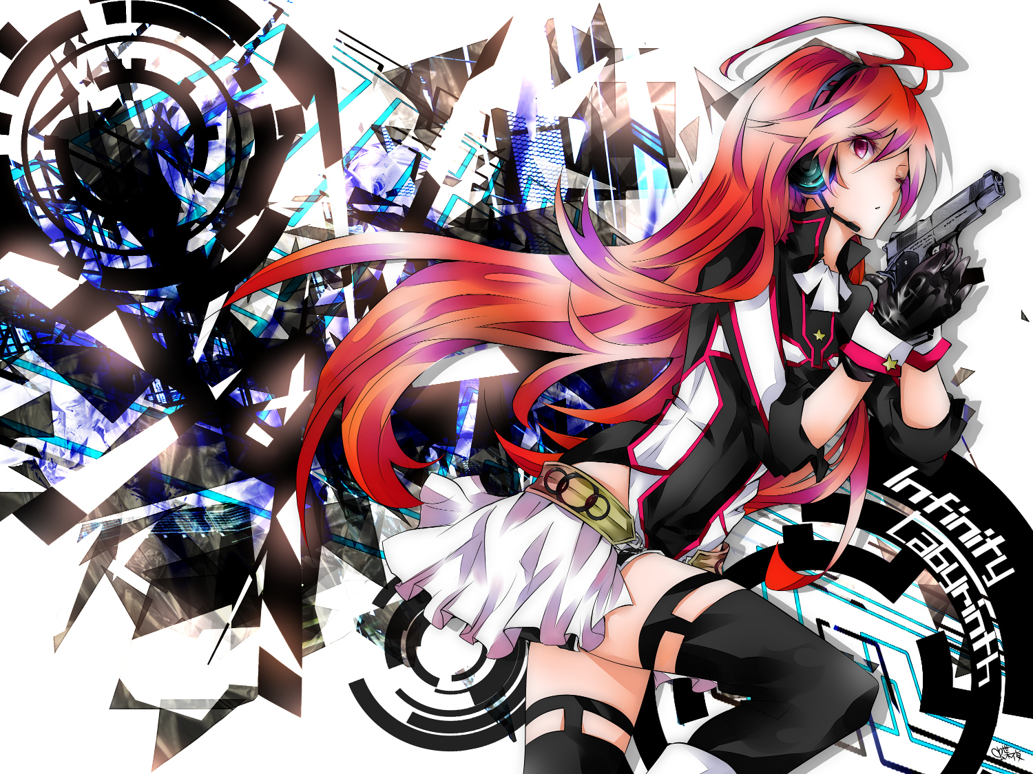 gloves, gun, headphones, miki_(vocaloid), red_hair, thighhighs, tyouya, vocaloid