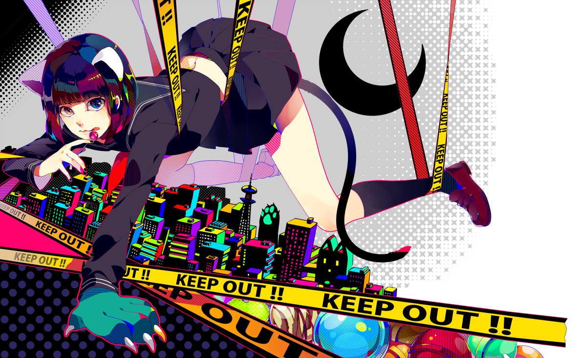 akiakane, animal_ears, building, catgirl, city, envy_catwalk_(vocaloid), school_uniform, tail, vocaloid