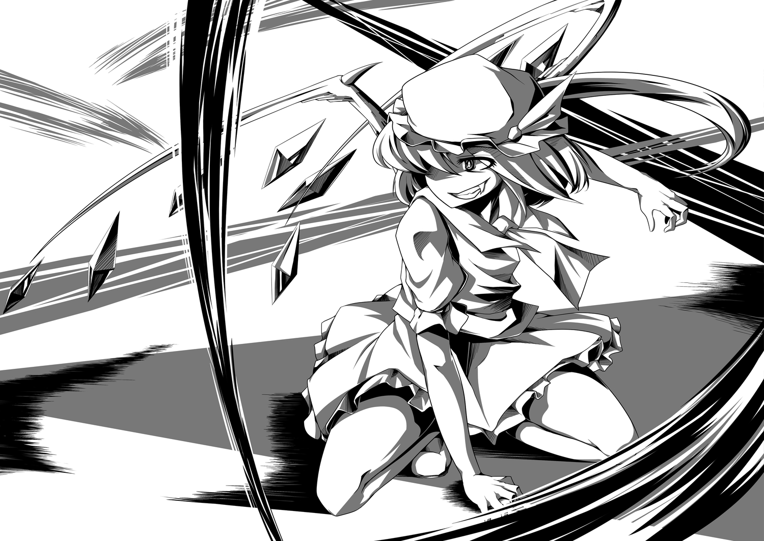 akudato, fang, flandre_scarlet, hat, monochrome, touhou, vampire, wings