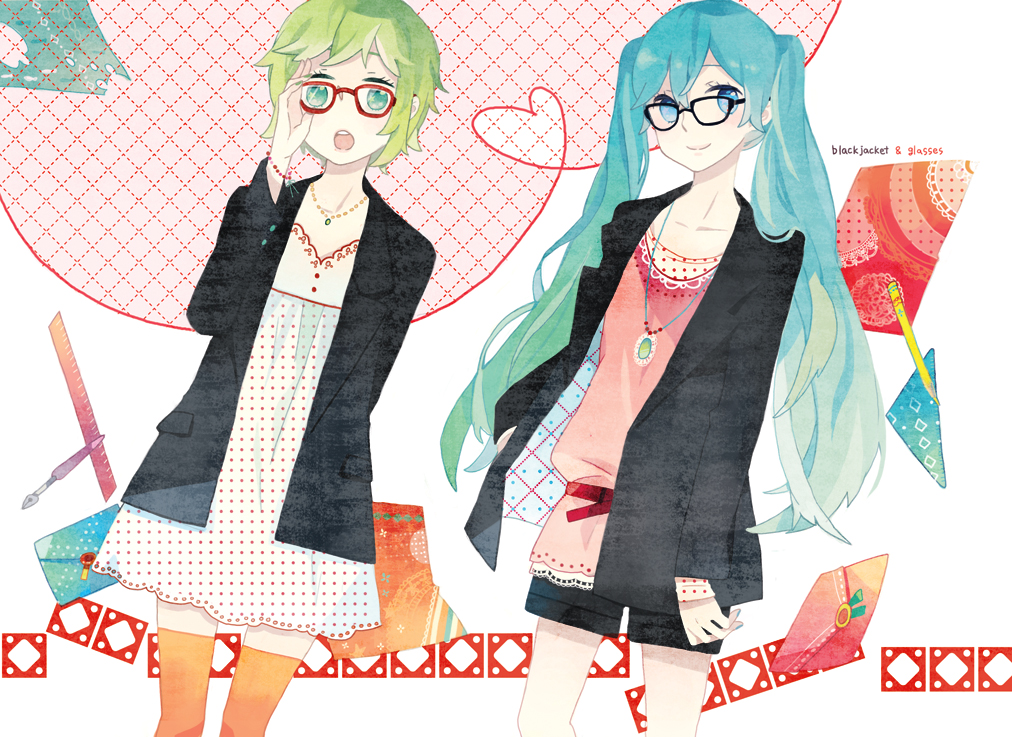 dress, glasses, gumi, hatsune_miku, kyang692, necklace, shorts, thighhighs